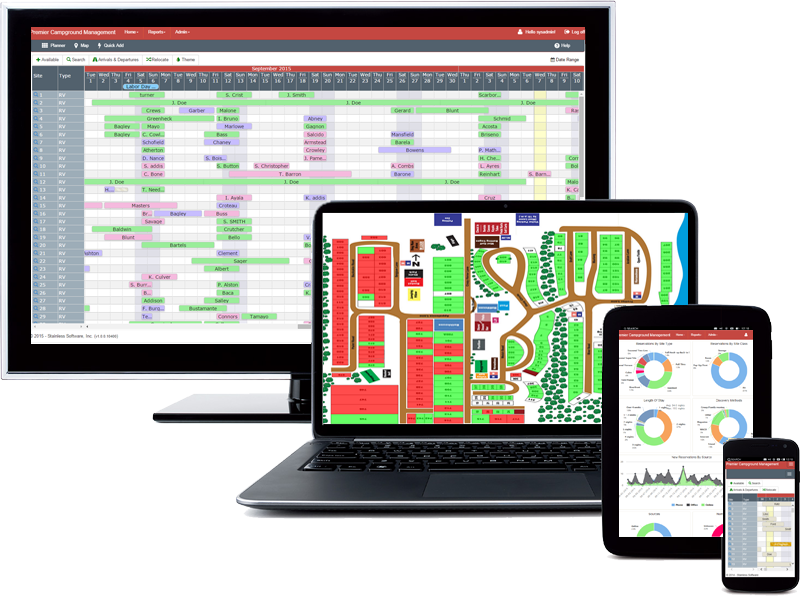 Multi-device display showcasing campsite software with reservation grids, maps, and analytics for efficient operations.